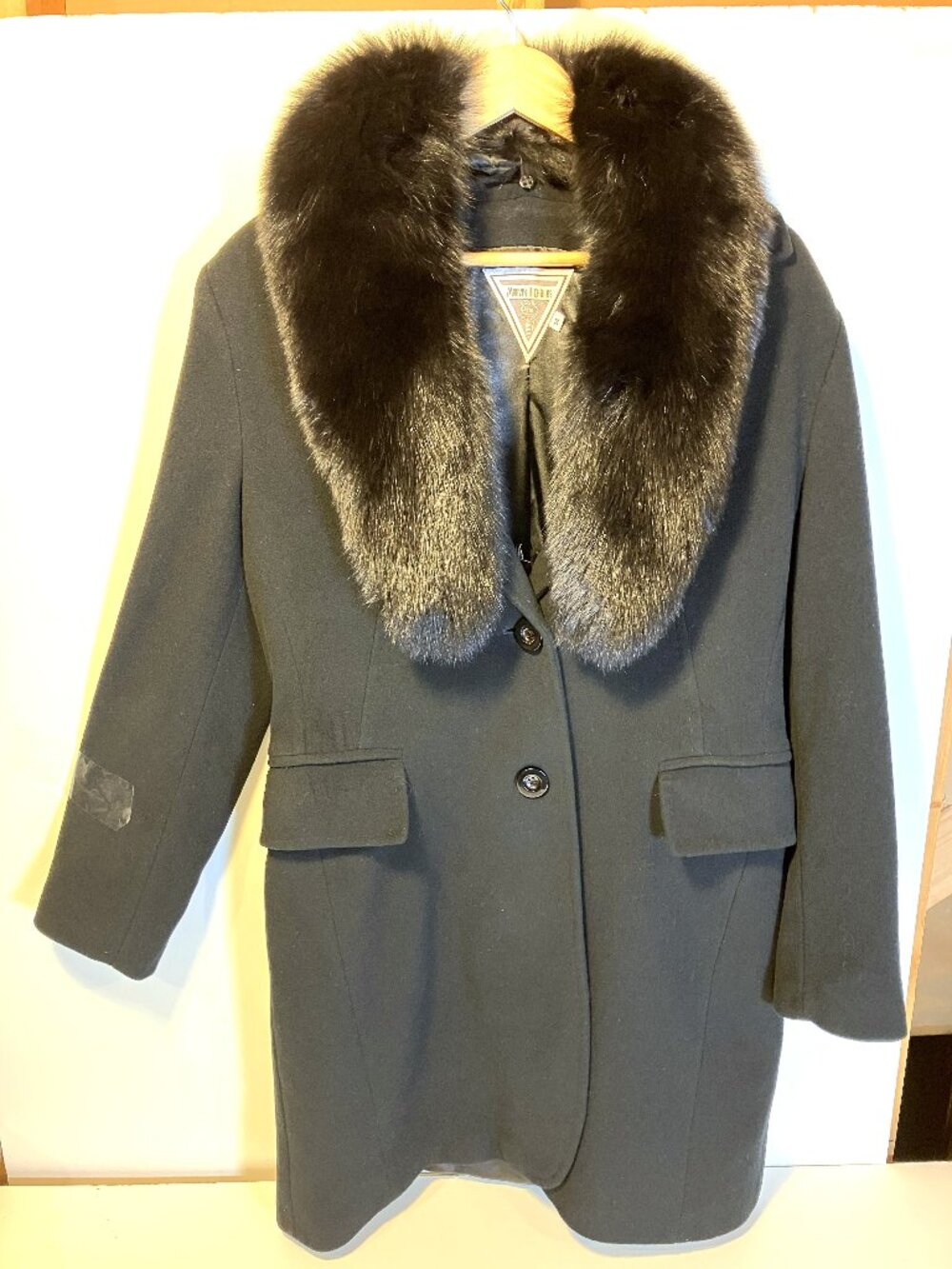 MARVIN RICHARDS Black Wool Cashmere Long Overcoat Real Fox Fur Collar. Size 14